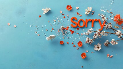 Scattered delicate flower petals in soft pastel colors forming the word  Sorry  displayed with a few petals left aside conveying a heartfelt message of apology remorse and regret