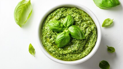 Luscious Green Basil Pesto in a White Bowl