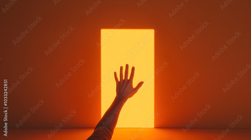 Aufkleber shadow of a hand reaching out towards a glowing digital screen or light source representing technolo