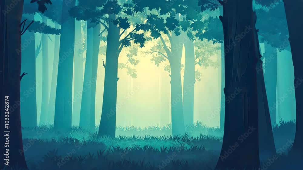 Poster a forest scene enveloped in mist, with towering trees and soft light filtering through the foliage