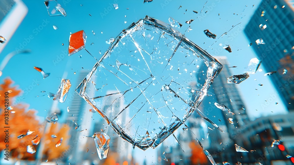 Poster Shards of glass catching the light in front of a modern urban skyline symbolizing the fragility and resilience of the built environment