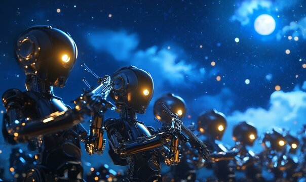 Metallic robots stand under a starry night.