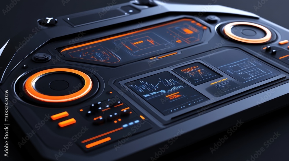 Poster Futuristic Control Panel with Orange Lights and Display Screens