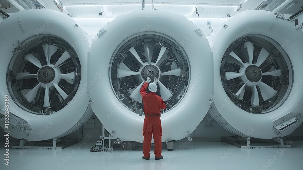 Aufkleber Crew of engineers and mechanics inspecting and maintaining the internal ship engines in the engine room of a large cargo vessel to ensure proper functioning and safety during transportation