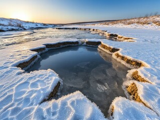 Fototapeta premium Stunning Symmetrical Ice Formations on a Frozen River Create Winter's Natural Artwork, A Symphony of Ice, Frost, and Symmetry in Icy River Patterns