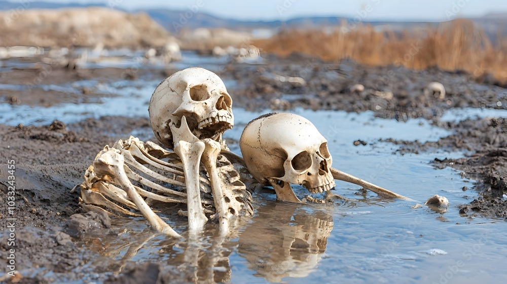 Aufkleber skeletal remains of an ancient burial site gently submerged in a serene flowing riverbed landscape c
