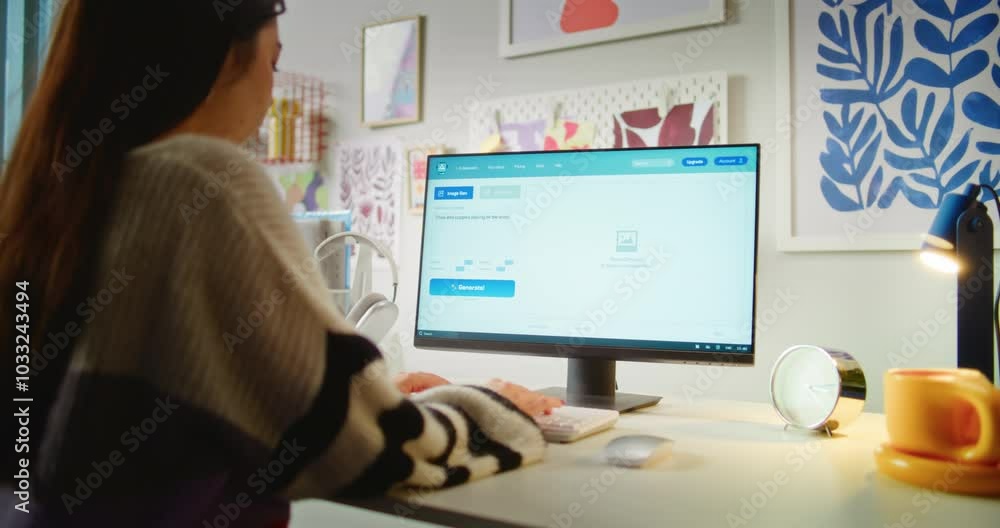 Poster teen girl enters prompt in artificial intelligence chatbot using computer. ai image generator create