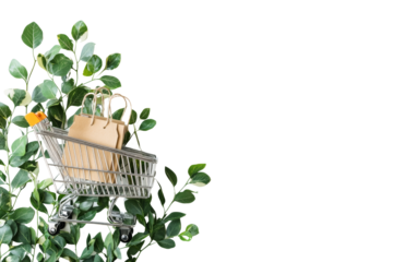 Shopping cart with eco-friendly bags surrounded by lush greenery, symbolizing sustainable shopping.