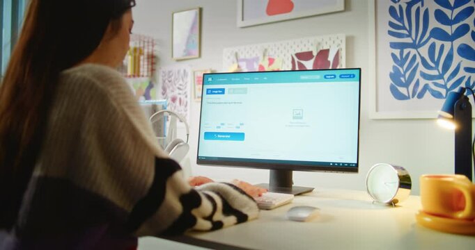 Teen girl enters prompt in artificial intelligence chatbot using computer. AI image generator creates detailed photo of puppies on PC. From text prompt to realistic generated image. Automated artwork.