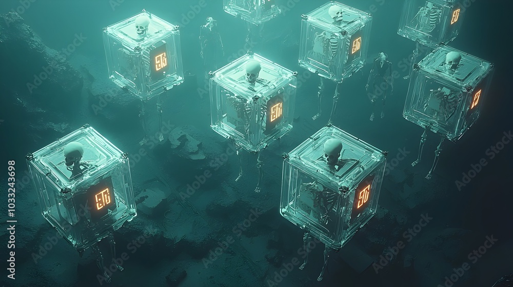 Aufkleber Skeletons encased in transparent cubes suspended in a mysterious dark void creating a surreal and haunting visual metaphor for the human condition