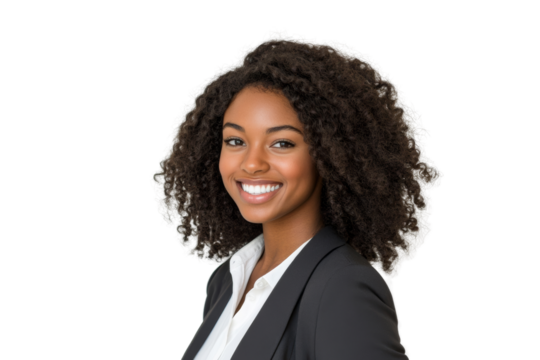 Smiling professional woman with curly hair, dressed in a black suit, isolated on white background.