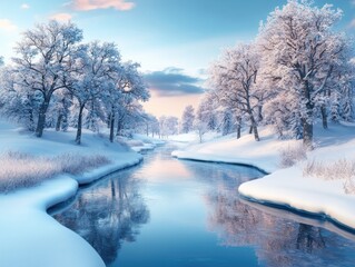 Tranquil Winter Wonderland A Serene Snowy Landscape with a Peaceful River, Perfect for a Winter Escape