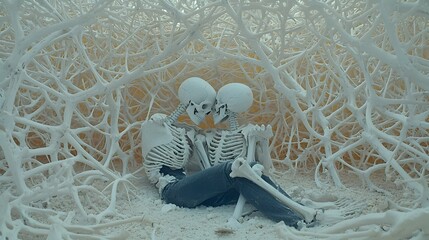 Skeletons laid beneath the tangled branches forming a canopy of life and death in this haunting ethereal landscape