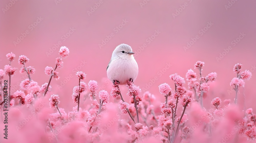 Aufkleber Soft blurred flowers in the foreground create a natural frame highlighting a clear and captivating subject like a bird or statue in the distant background