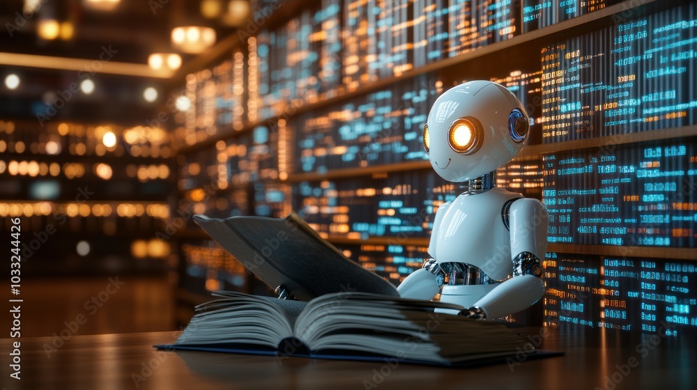 Leinwandbilder a white robot reading a book in a library setting
