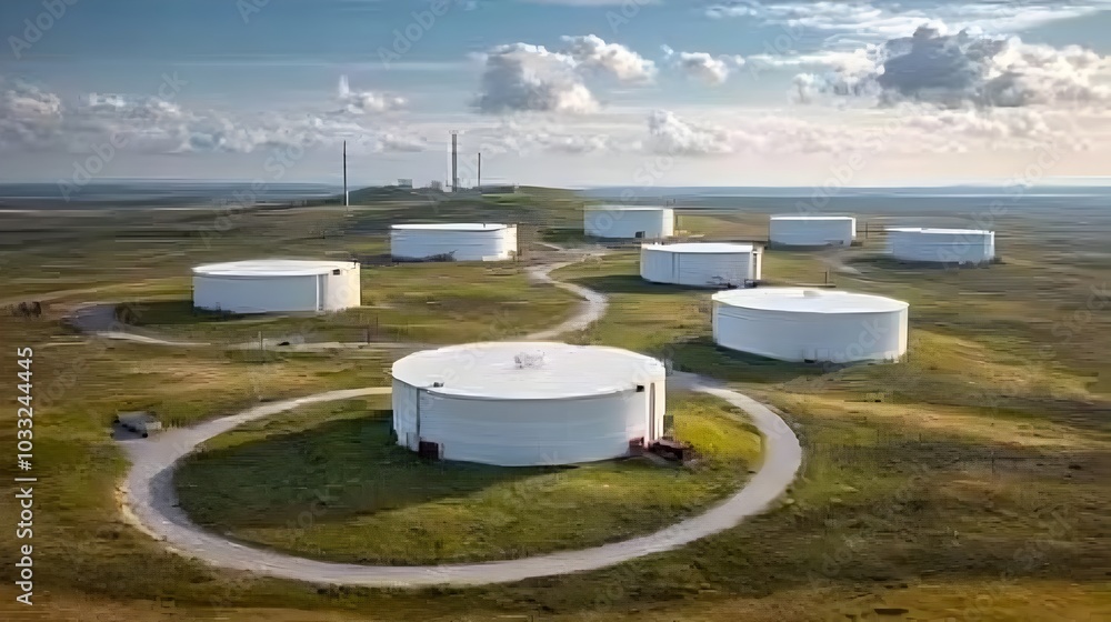 Fototapete spiral arrangement of industrial tanks and towers symbolizing the continuous cycles and transformati