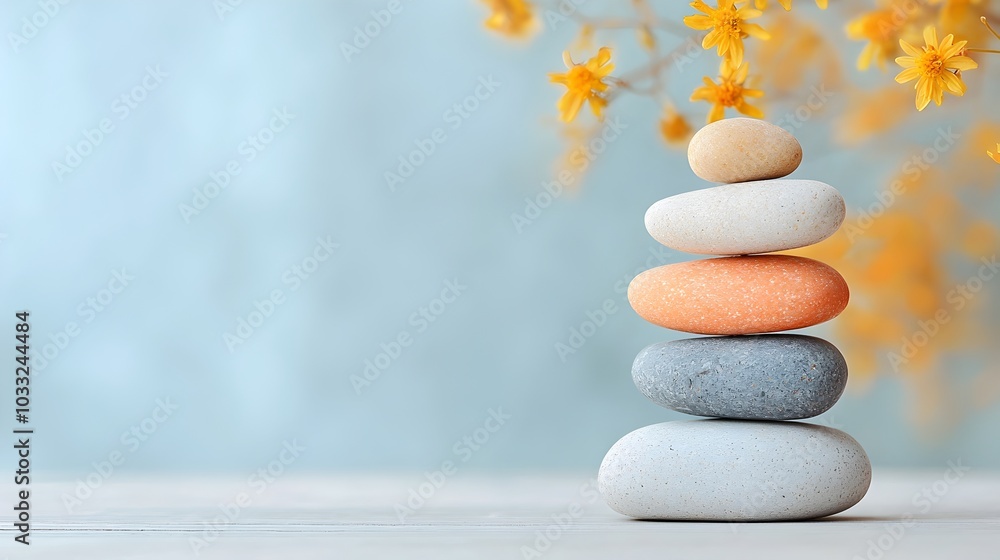 Poster stacked stones slightly off balance representing efforts to restore harmony and balance in the natur