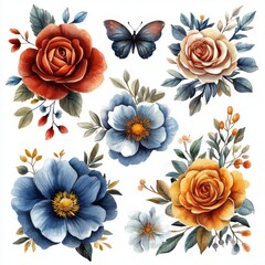 Watercolor style illustration of a flower bush, flower name, colorful, cute style on a white background. It is a clip art that helps in various graphic design works.