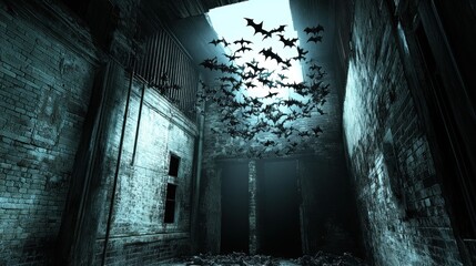 A flock of bats fly through a dark, narrow alleyway in an abandoned building.