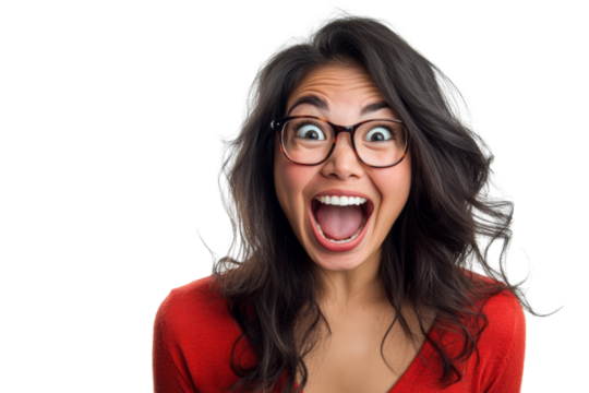 Woman with glasses expressing extreme excitement against a white background.