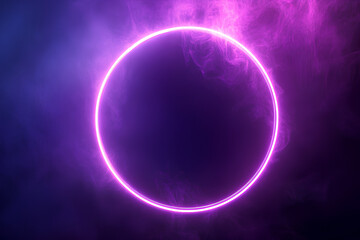 Render Neon circle rotation of frame with shining effects on dark background. Video animation Empty purple glowing techno backdrop. Round motion frame