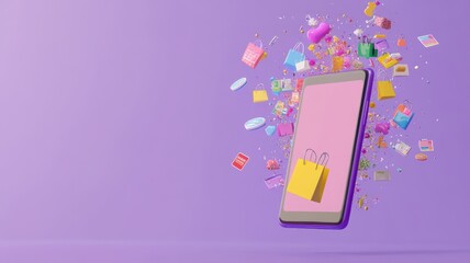 Abstract 3D model of a smartphone with exploding icons of shopping, discounts and digital payment solutions, pastel theme.