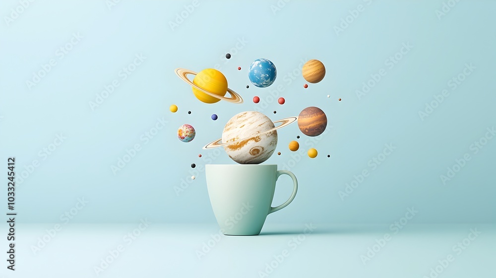 Poster Surreal and imaginative digital depicting a coffee cup with miniature planets stars and celestial bodies floating and orbiting inside merging everyday objects with the wonders of space and the cosmos