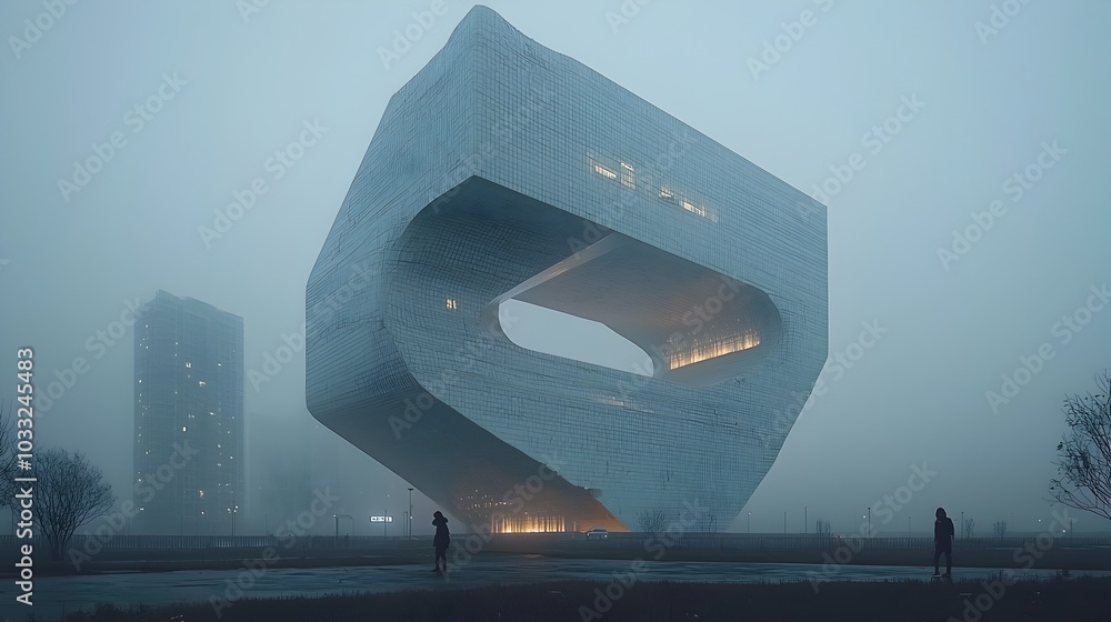 Poster surreal architectural illusion with buildings folding like paper transformative urban landscape in a