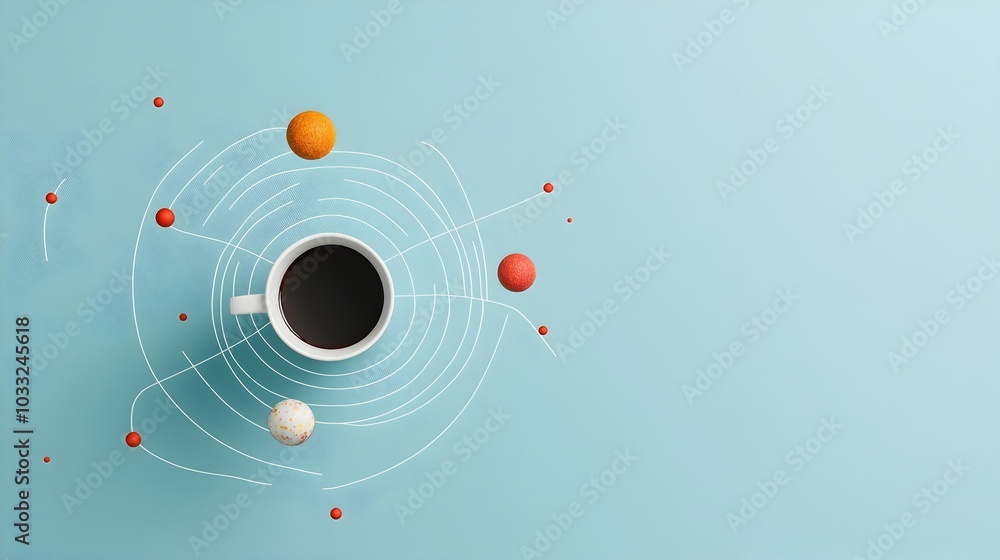 Poster Surreal Coffee Cup with Miniature Planets Orbiting Inside Merging Everyday Objects and Celestial Space in a Unique Creative Conceptual Design