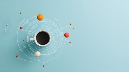 Surreal Coffee Cup with Miniature Planets Orbiting Inside Merging Everyday Objects and Celestial Space in a Unique Creative Conceptual Design