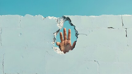Fototapeta premium Surreal digital depicting a giant disruptive hand breaking through and emerging from a concrete wall symbolizing the concept of overcoming obstacles barriers and challenges