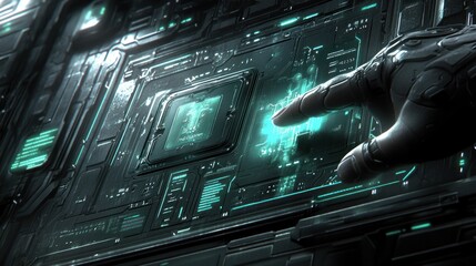 Obraz premium Robotic Hand Interacting with Futuristic Interface