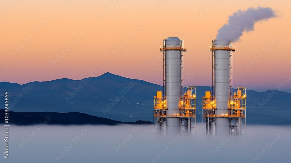 Poster Surreal industrial landscape with towering refinery structures rising from a sea of mist creating an ethereal and dreamlike atmosphere