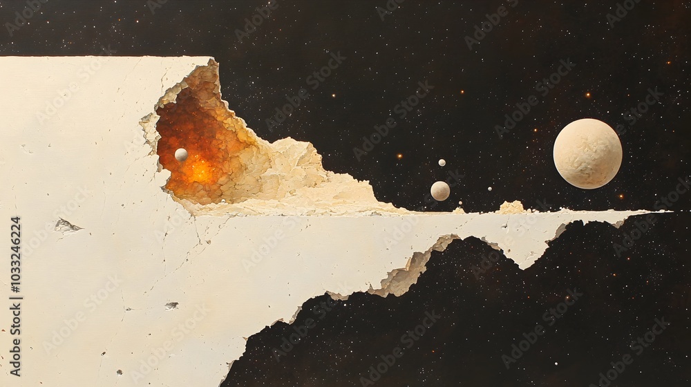 Poster torn canvas revealing an alternate dimension with stars and nebulae spilling out into a surreal cosm