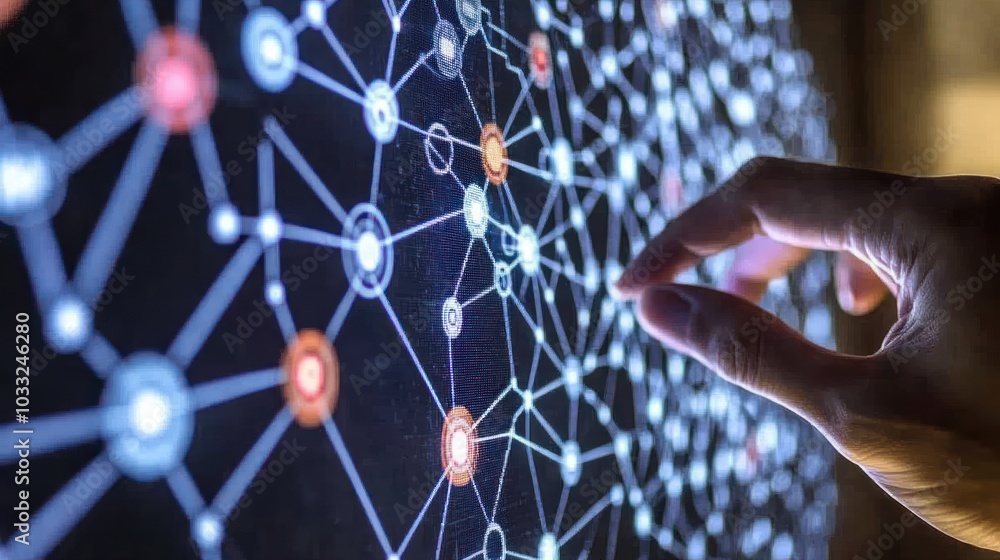 Poster hand interacting with a digital network visualization