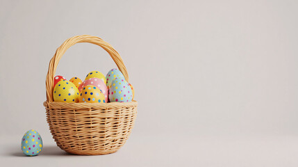 colorful easter eggs in a wicker basket on a white background