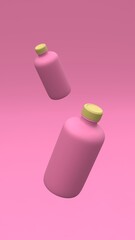 Tow plastic bottles flying in the air on the pink background. Package design. 3d illustration.