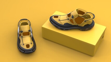 Footwear concept with box package on the yellow background. Modern design. 3d illustration.