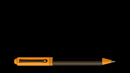 Vector illustration of a yellow pen with a blue cap and sharp tip, isolated on a black background