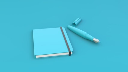 Notepad and ink pen mockup, on the blue background. Mockup design. 3d illustration.