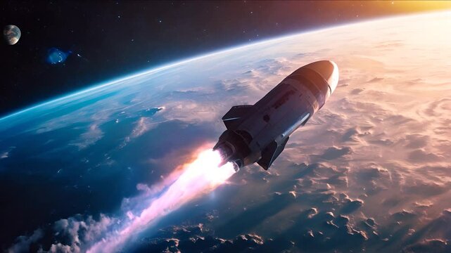 Spacecraft Launching into Orbit Above Earth. A powerful rocket ascends through Earth's atmosphere, leaving a trail of fire and smoke as it heads toward space in a breathtaking view.