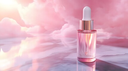 Pink Dropper Bottle with Golden Cap on Marble Surface Against a Pink and White Cloudy Background