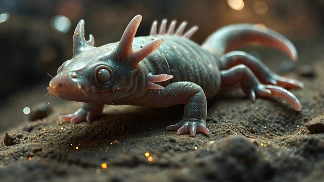 Alien Creature with Glowing Skin in a Mysterious Environment. A detailed, otherworldly creature with bioluminescent skin, blending into an extraterrestrial terrain filled with glowing particles.