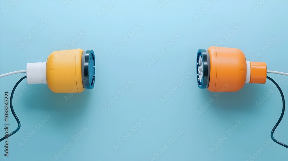Poster two disconnected electrical plugs or power cords placed side by side ready to be reconnected and res