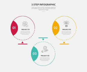 3 points template infographic outline style with 3 point step template with big circle with badge on side with triangle structure for slide presentation
