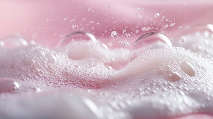 Fototapeta premium Fluffy white shampoo bubbles against a soft pink background, emphasizing cleanliness and softness.