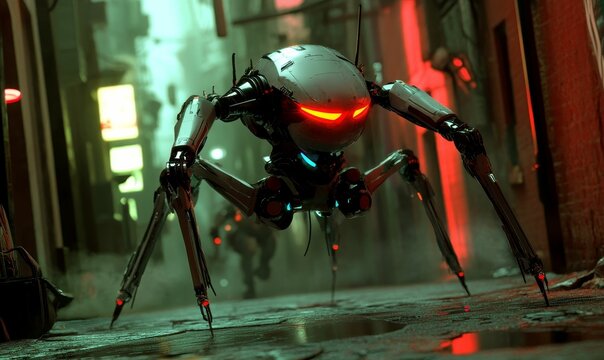 A metallic robot with glowing red eyes walks in a