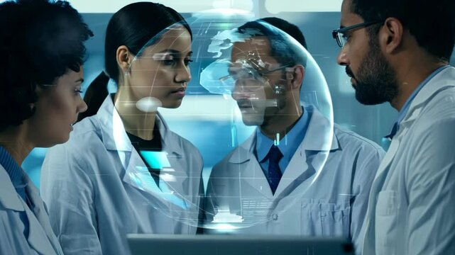 Team of scientists collaborating in a high-tech lab, analyzing data and discussing research findings in a modern facility