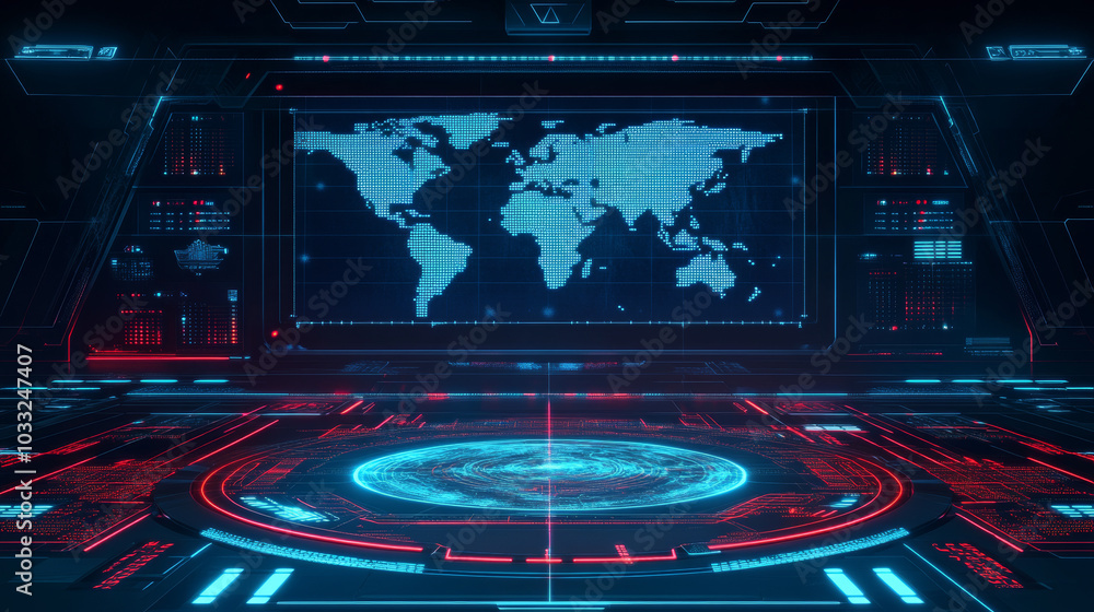 Poster a futuristic experiment with a high-tech interface, showing a digital world map on a radar screen.lo