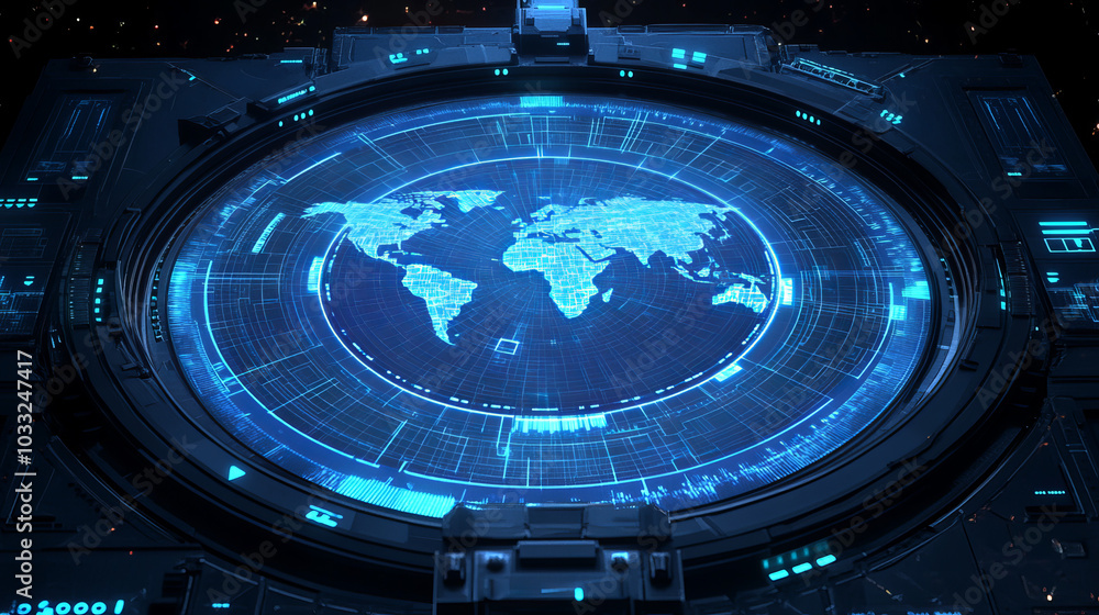 Poster a futuristic experiment with a high-tech interface, showing a digital world map on a radar screen.lo